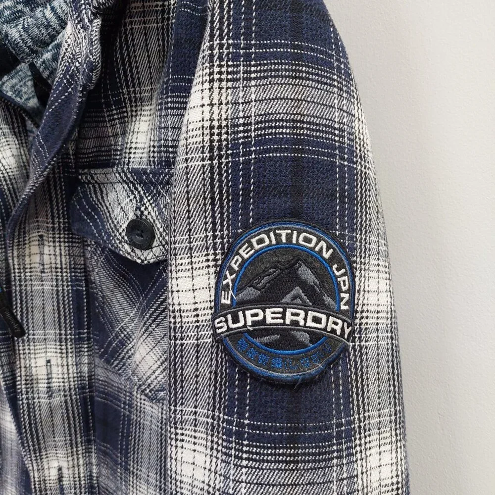 Superdry Everest Edition Plaid Hooded Shirt Jacket Men's S Blue Flannel - Picture 2 of 10